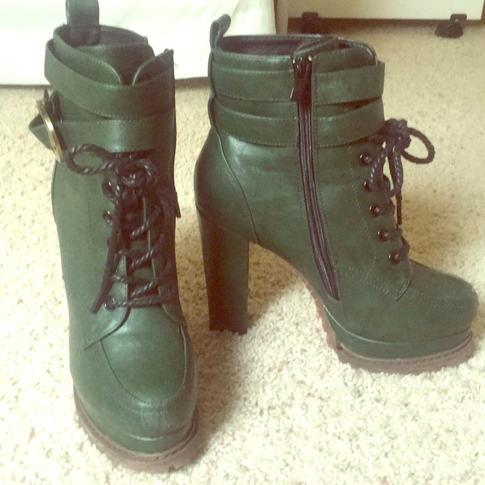 Dark army green, zip up, heeled platform boots
